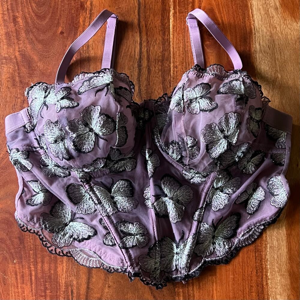Purple Butterfly Mesh Bustier Top Y2K Fairycore Whimsigoth Boned Lilac Lingerie